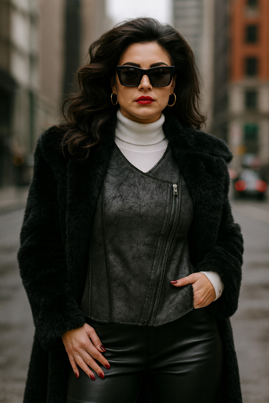 Marc New York women's distressed faux leather & fur vest black Sz Large Mob Wife